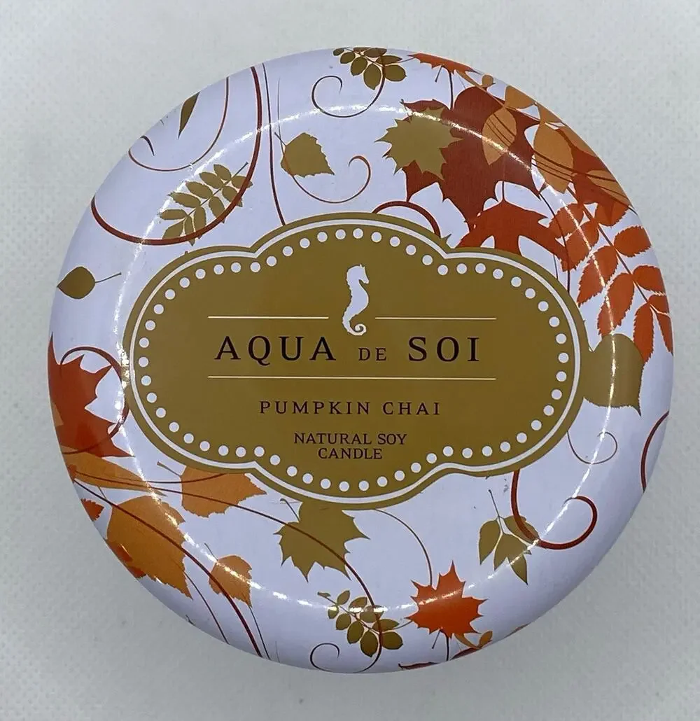 Aqua de SOi Pumpkin Chai 9 oz Natural Soy Candle Decorative Tin Fall Unused
